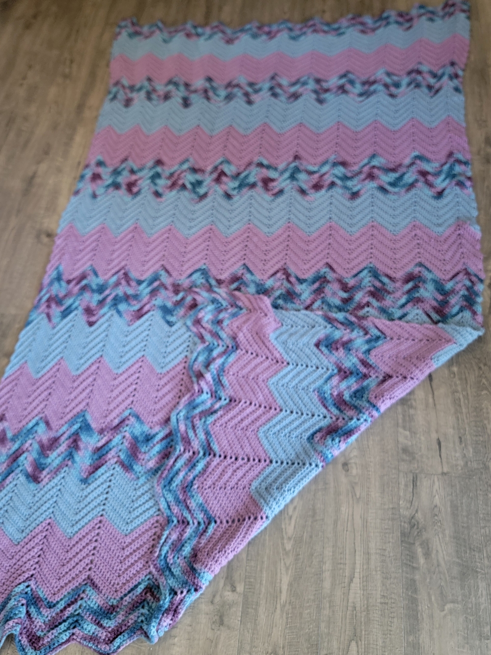 Handmade Chevron Knit Throw Blanket in Pink and Light Blue